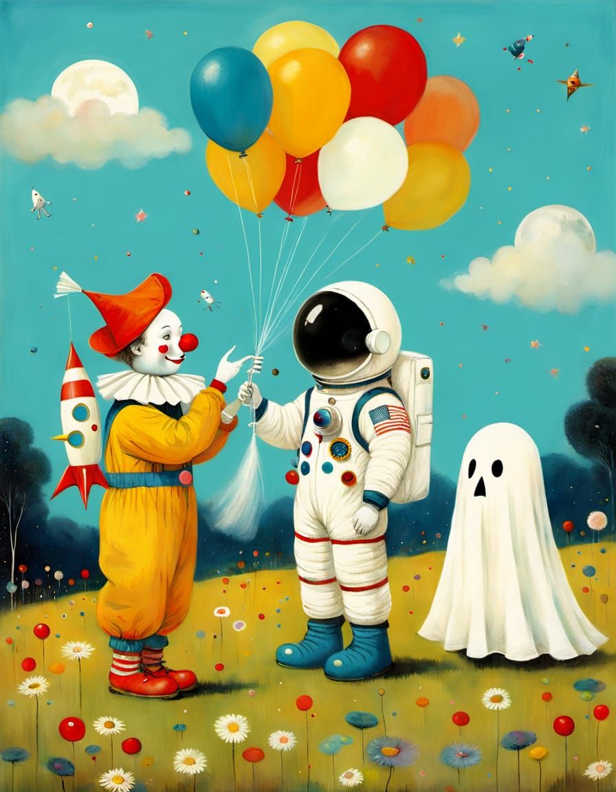 Whimsical Clown Assists Astronaut with Rocket Balloons