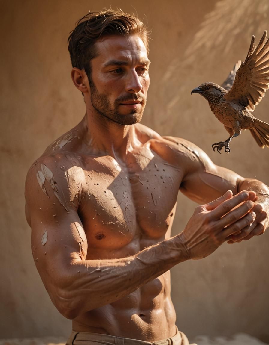 Man Launches Clay Bird: Photorealistic Art Nouveau