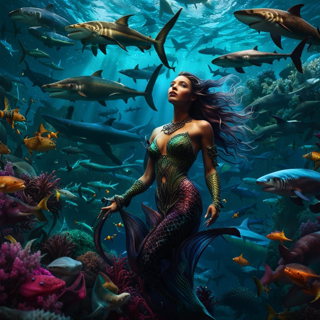 Ethereal Mermaid Among Sharks: Hyperdetailed Fantasy Art