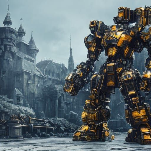 Cyberpunk Iron Castle with Intricate Mech Details