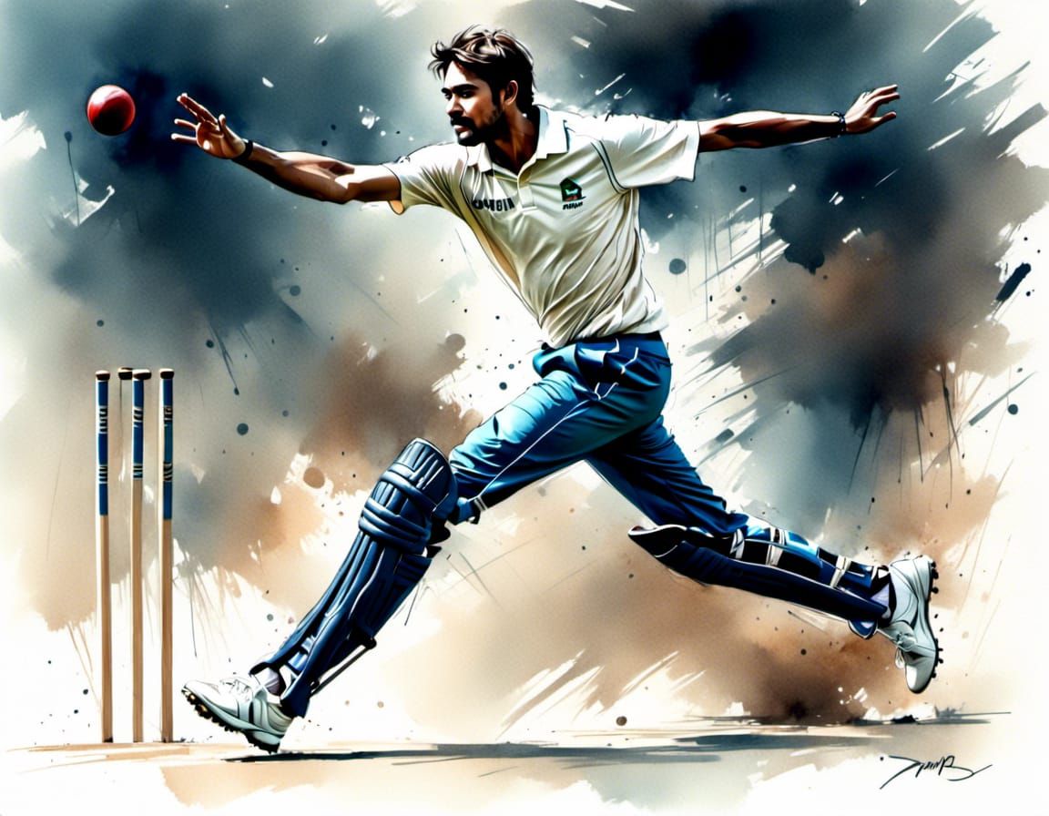 Cricket Bowler in Pencil and Ink Sketch