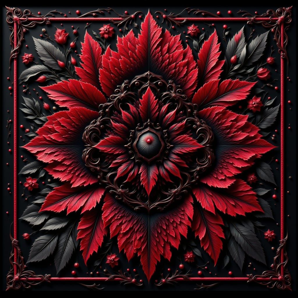 Surreal Black and Red Flower in Escher and Dali Style