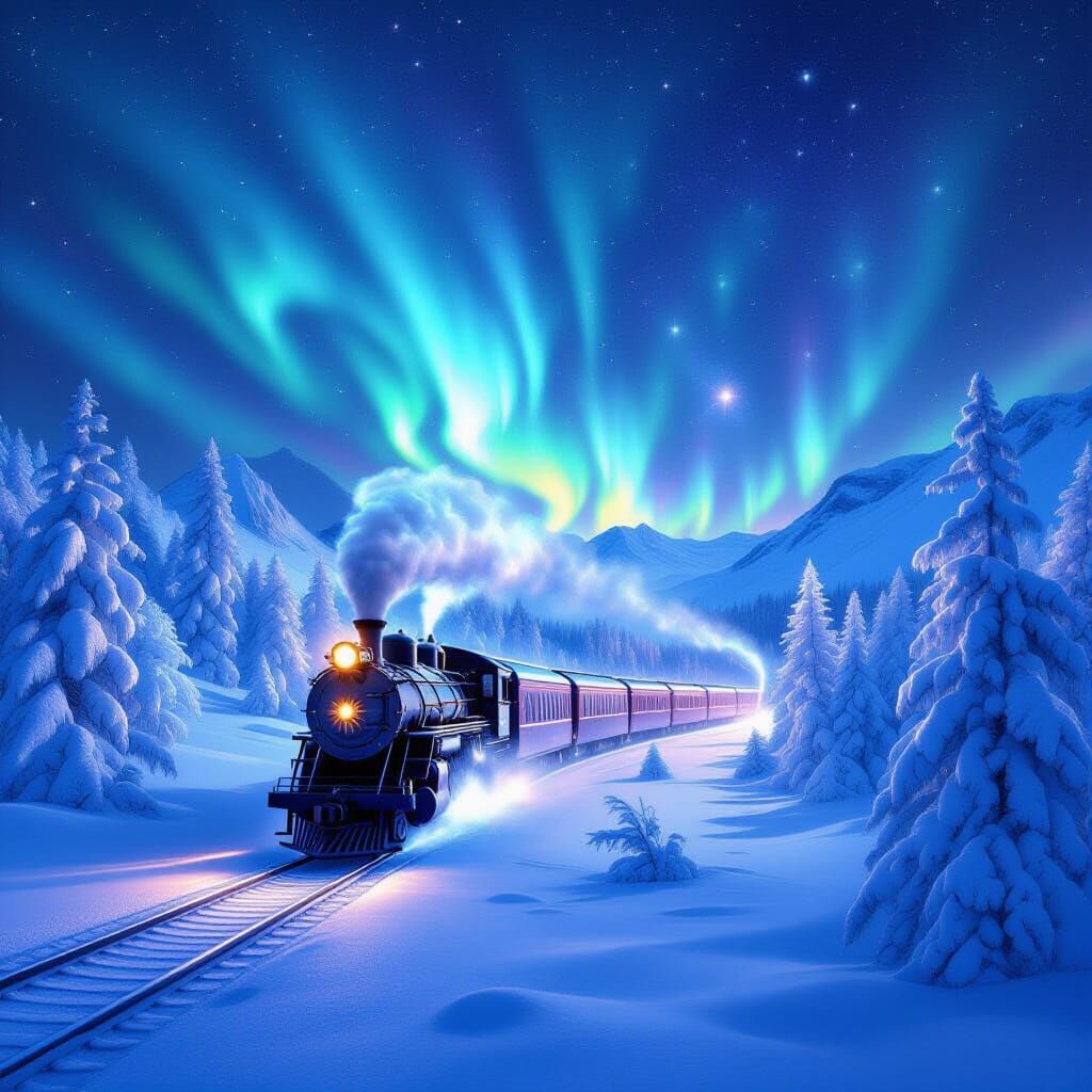 Astral Train Journey Through a Cosmic Winter Wonderland