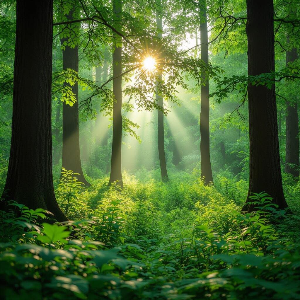 Lush Green Forest with Sunlight, Soft Bokeh
