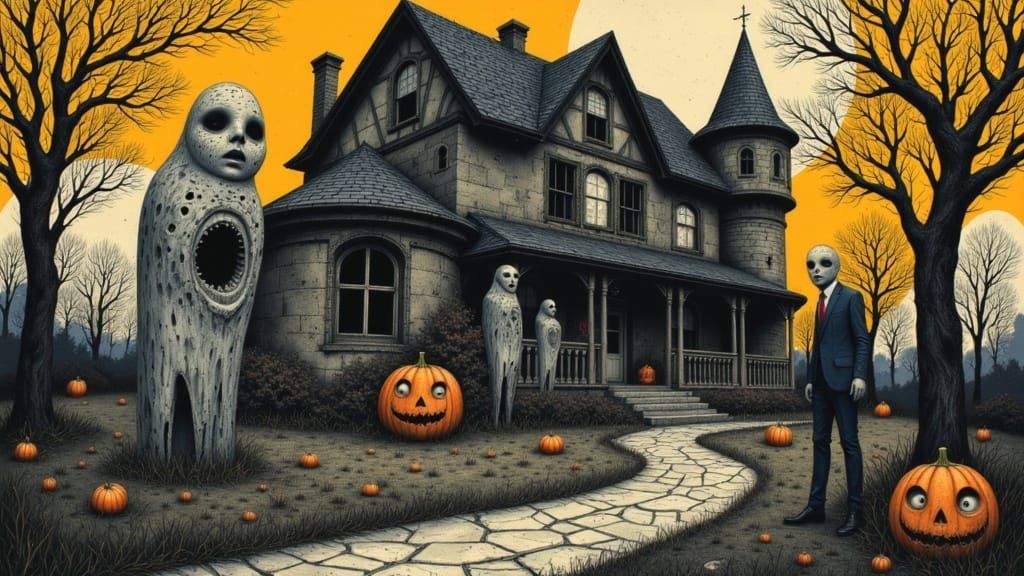 Creepy Halloween Scene with Woman and Dolls