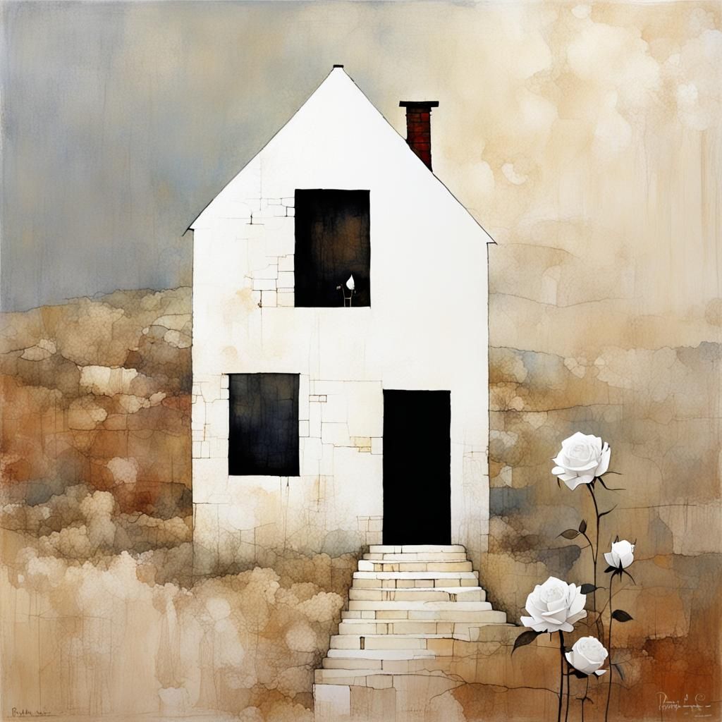 Minimalist Surreal House with White Rose Illustration