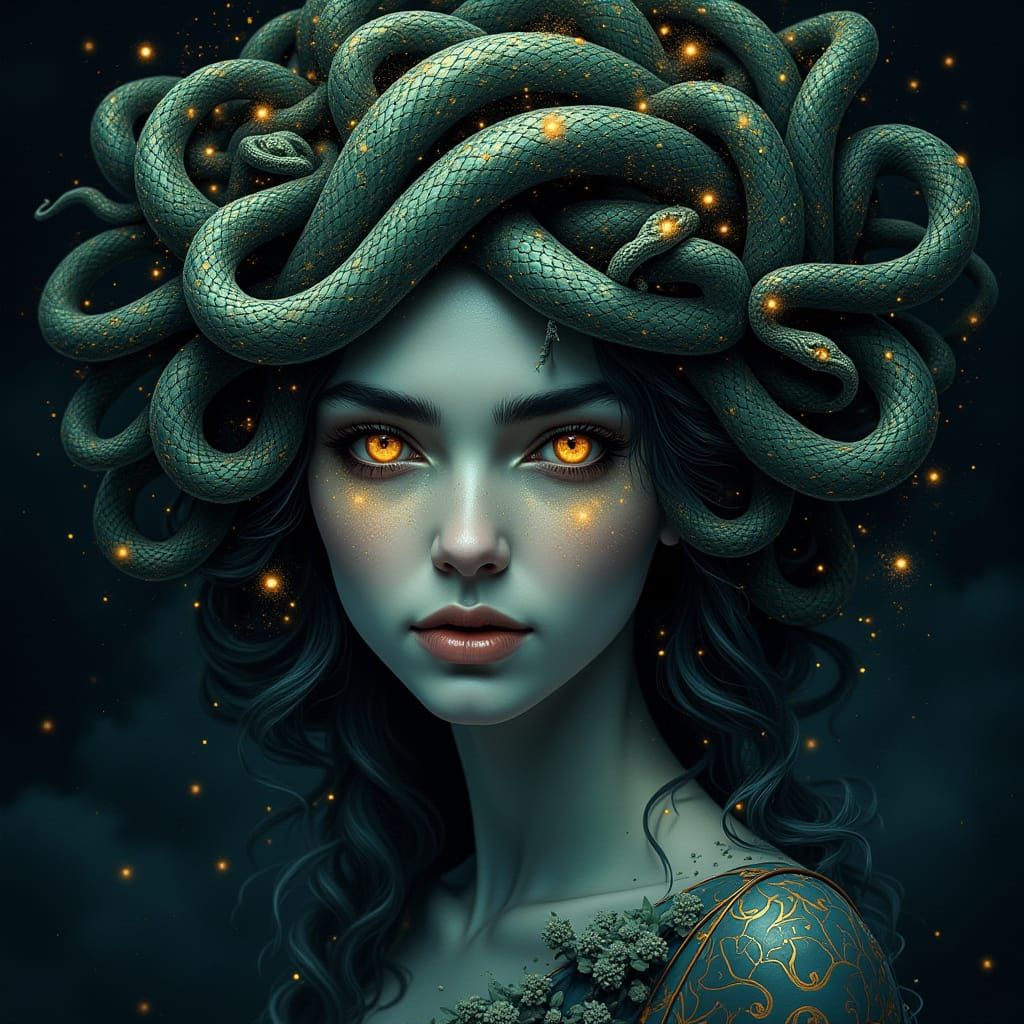 Enigmatic Woman in Medusa Style with Serpentine Hair and Hyp...