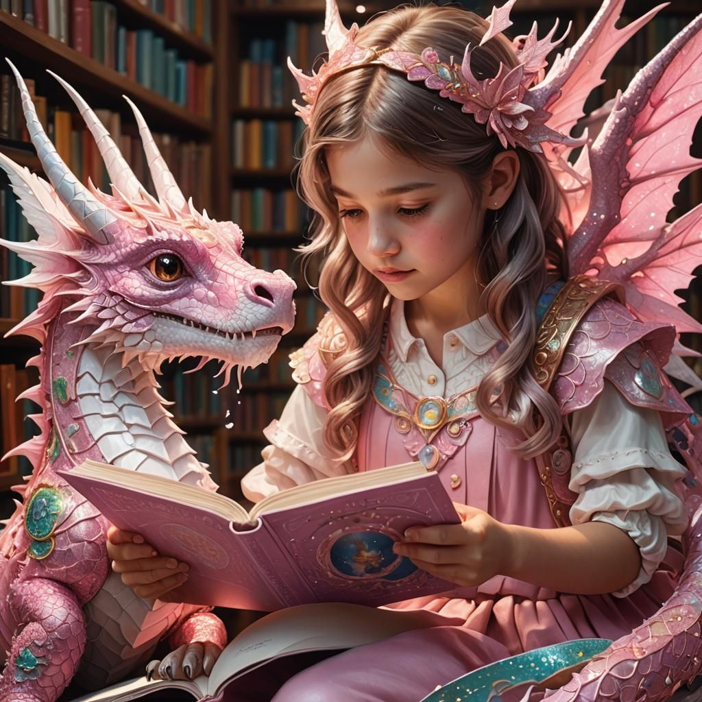 Hyperrealistic Girl and Dragon in Intricate Library