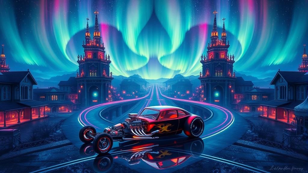 Futuristic Hot Rod in Aurora Borealis Cityscape
