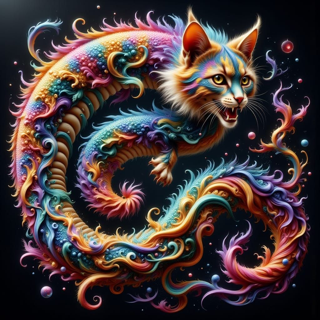 Hyper-Realistic Cat-Serpent Hybrid in Vibrant Stripes