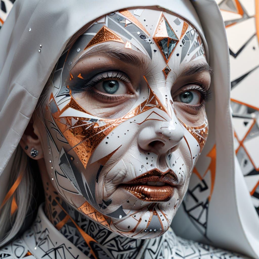 Surreal Pop Art Masterpiece: Close-Up of a Nun's Graffiti Fa...