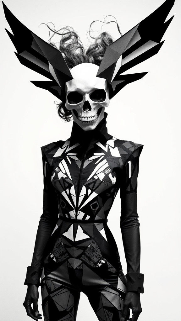 Geometric Skull Model: Dada-Inspired Fashion Photograph