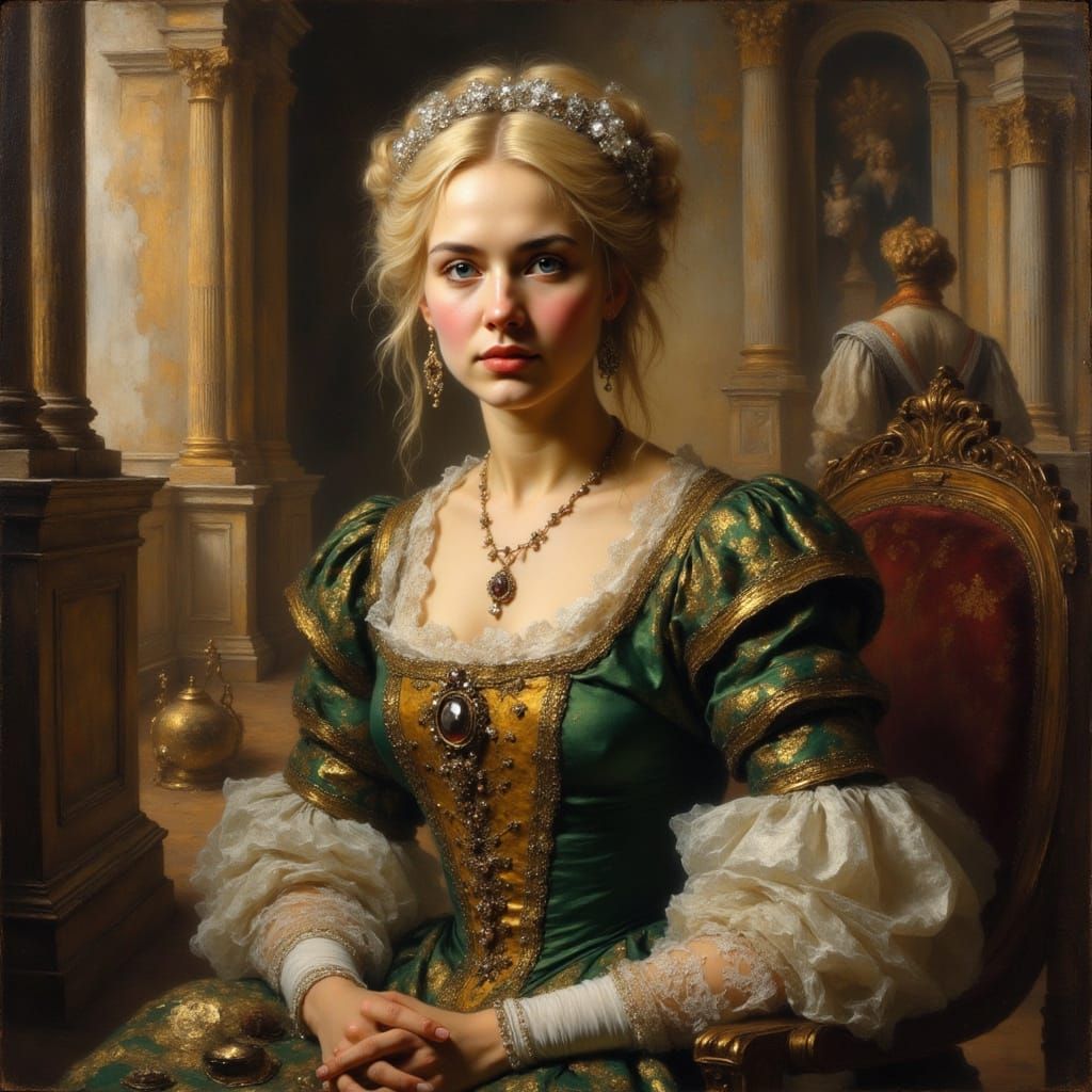 Woman in 16th Century Attire: Rembrandt-Style Oil Painting