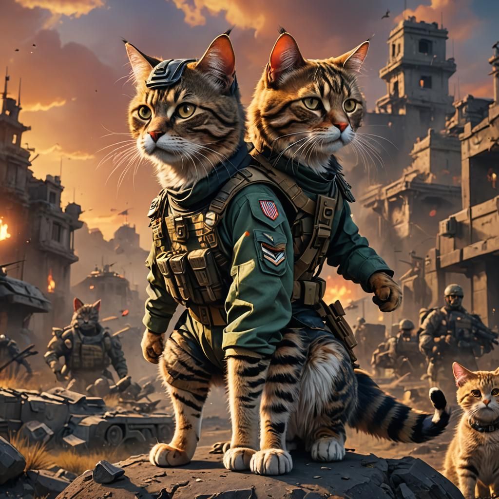 Cat in Army Costume at Sunset: Detailed Digital Art