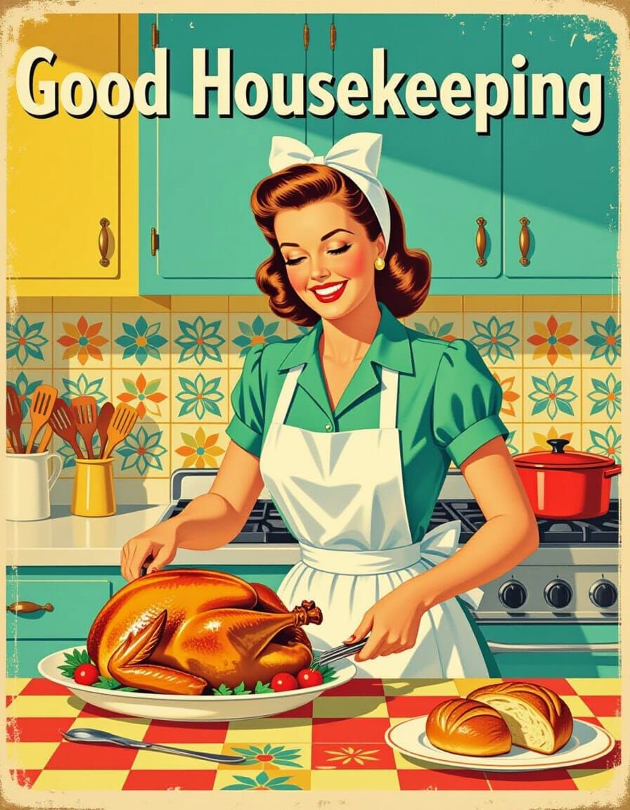 Retro 1950s Thanksgiving Turkey Cooking Illustration