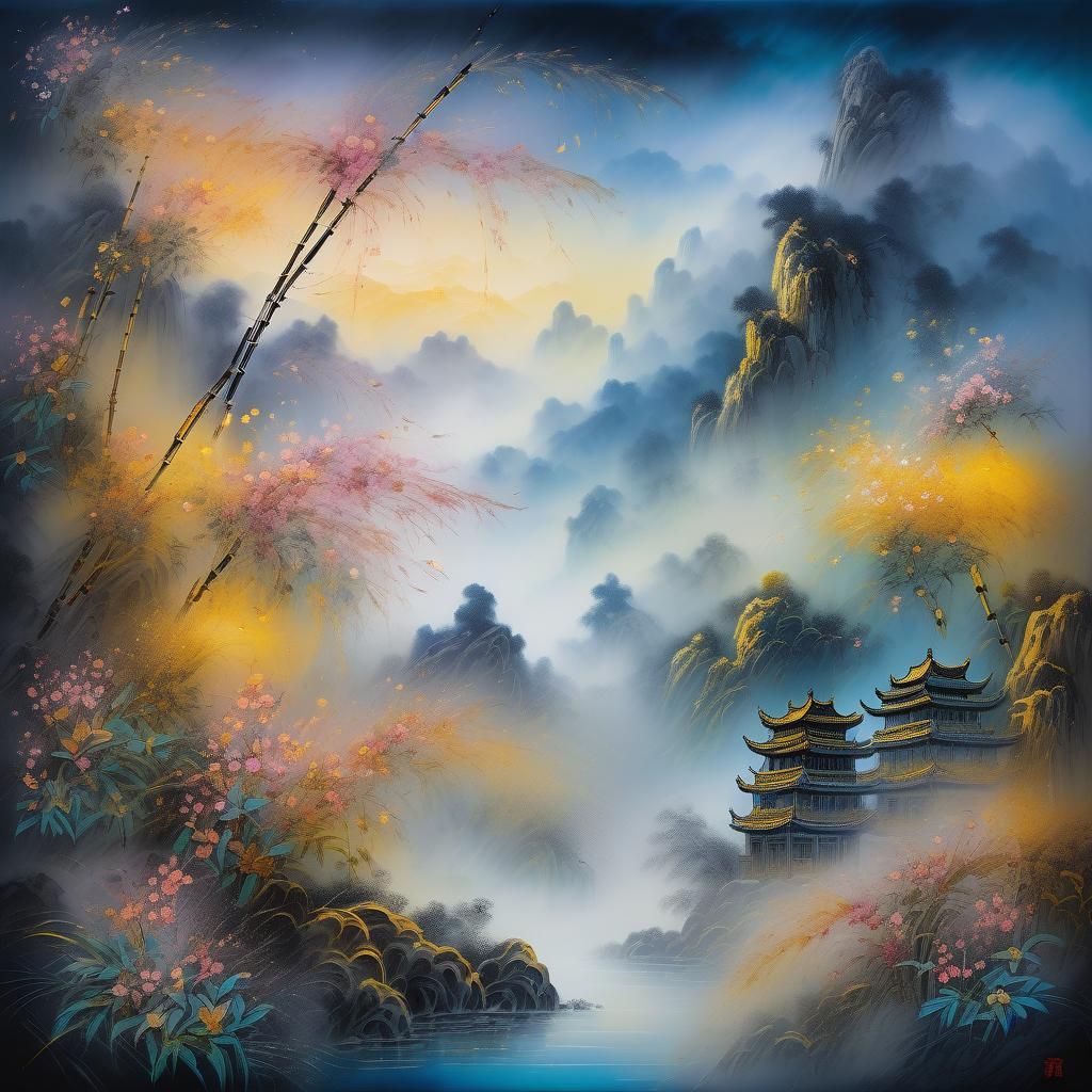 Blooming Bamboo in Fog: Chinese Lacquer Painting