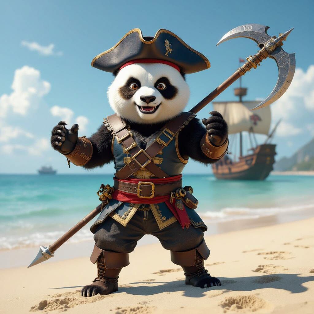 Humanoid Panda Pirate on Sunny Beach with Halberd