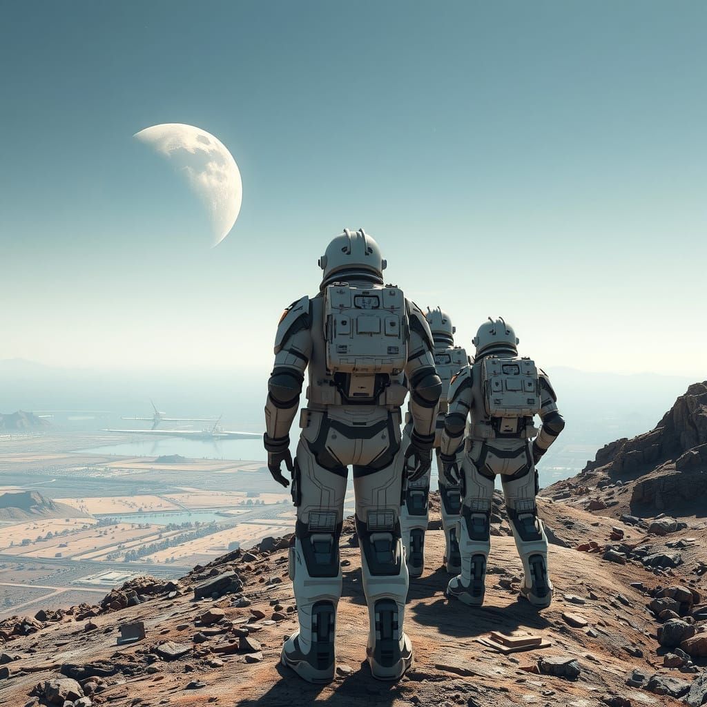 Astronauts on Alien World, Gazing at Distant Planet