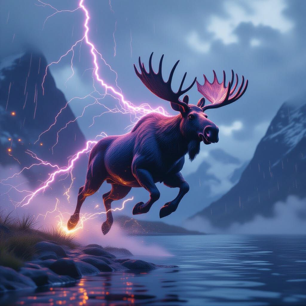 Electric Moose in Dark Fantasy Landscape