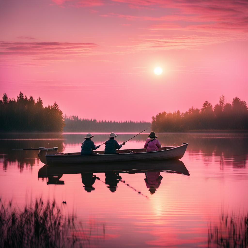 Women Fishing at Sunrise: Cinematic Film Still