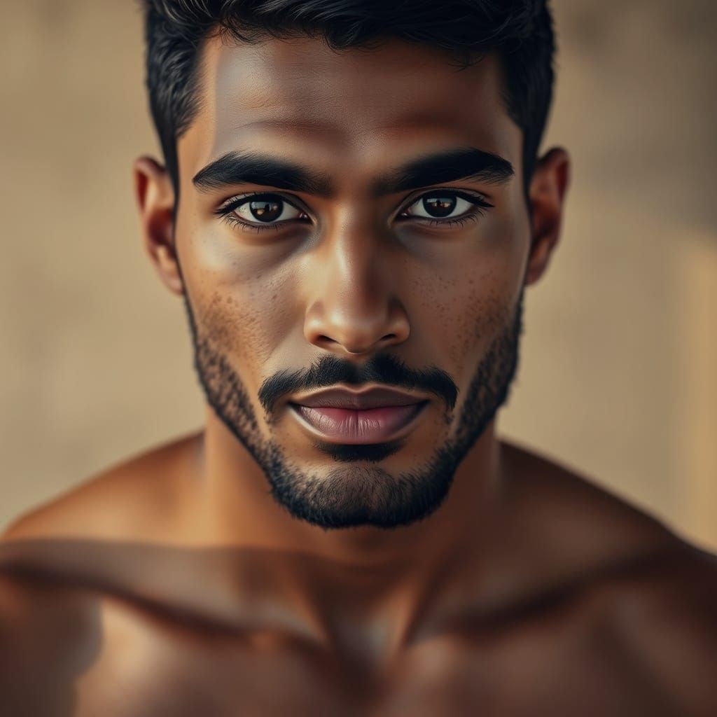 Hyper-Realistic Portrait of a Shirtless Arabic Man