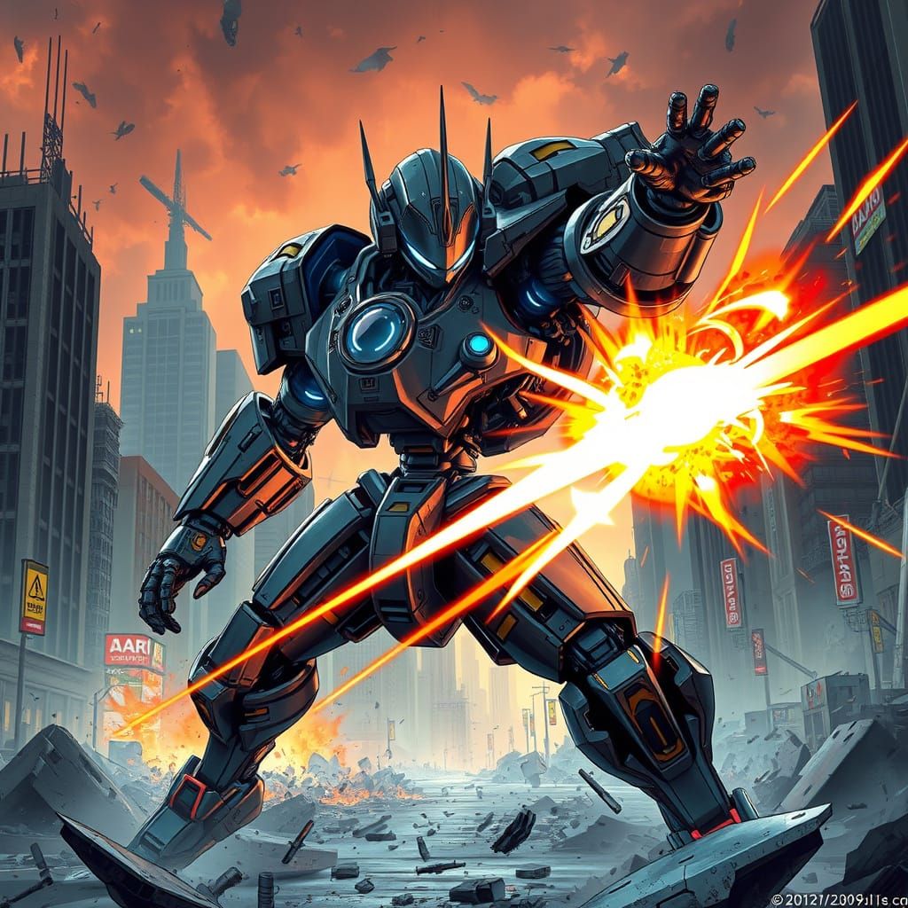 Cyberpunk Robot Engages in High-Speed Battle