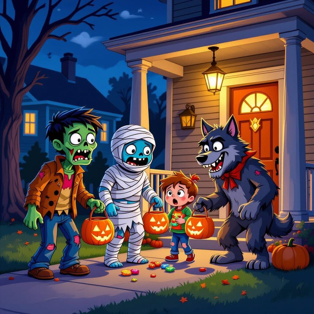 Monsters Trick-or-Treating in Suburban Halloween Night