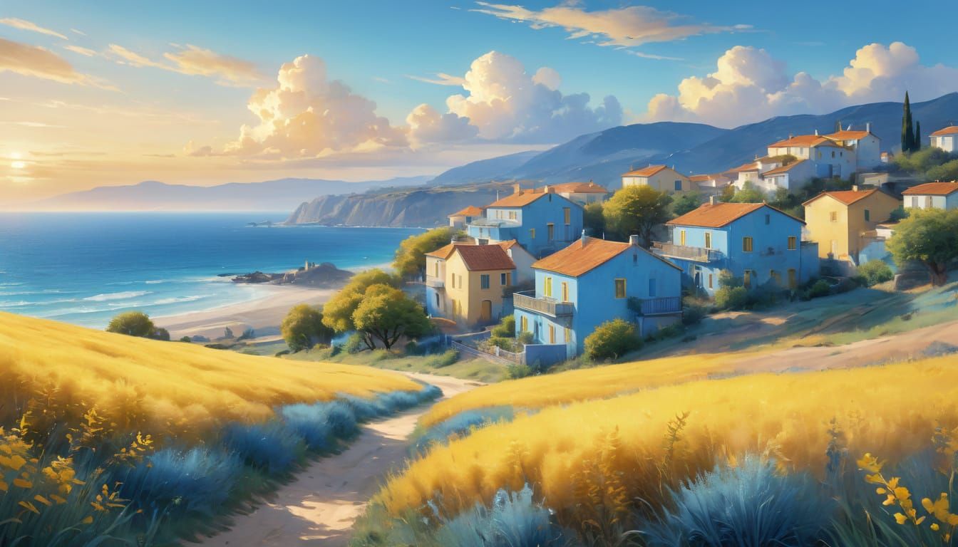 Blue Village by the Ocean: Impressionist Dreamscape