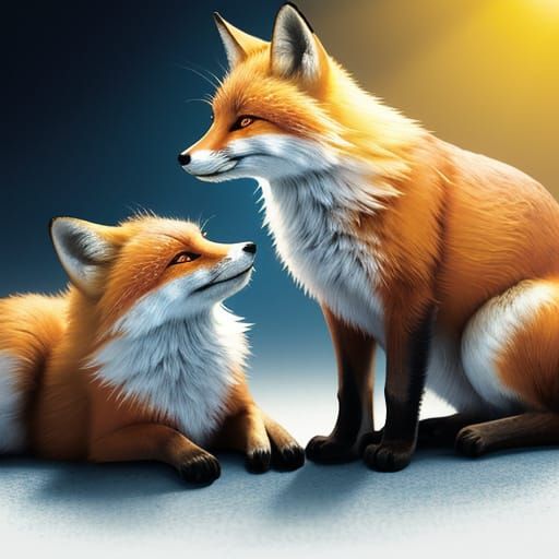 Mother Fox Plays with Her Babies in a Vibrant Yellow Line Ar...