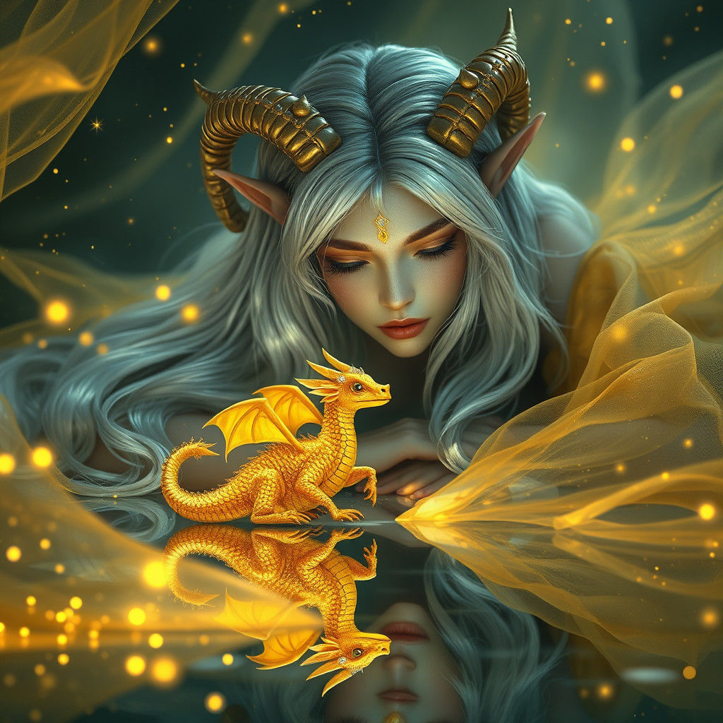 Ethereal Elf and Golden Dragon in Dreamlike Scene