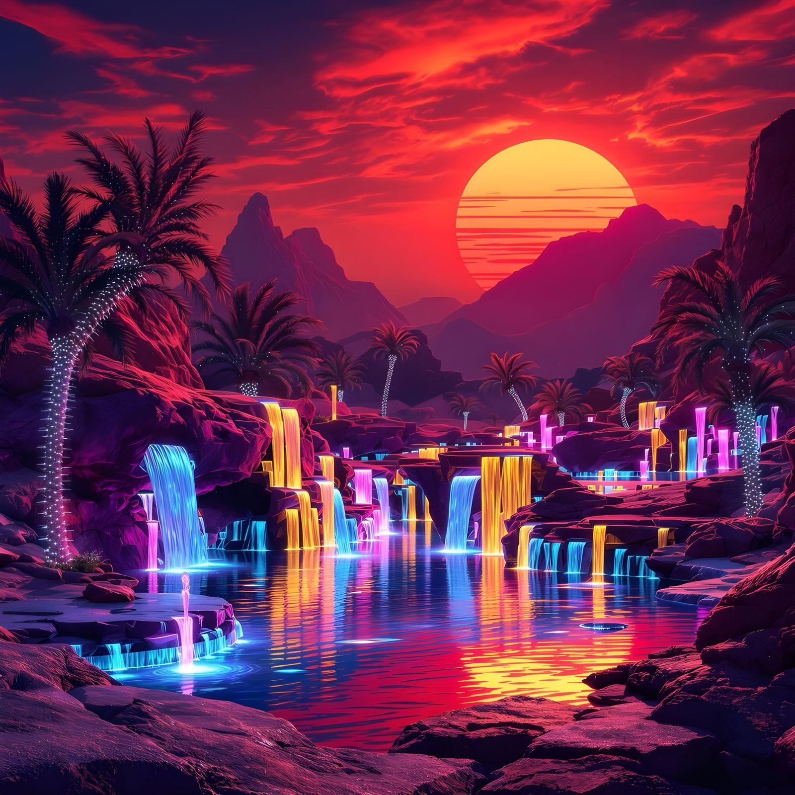 Cyberpunk Desert Oasis with Fiber Optic Fountain