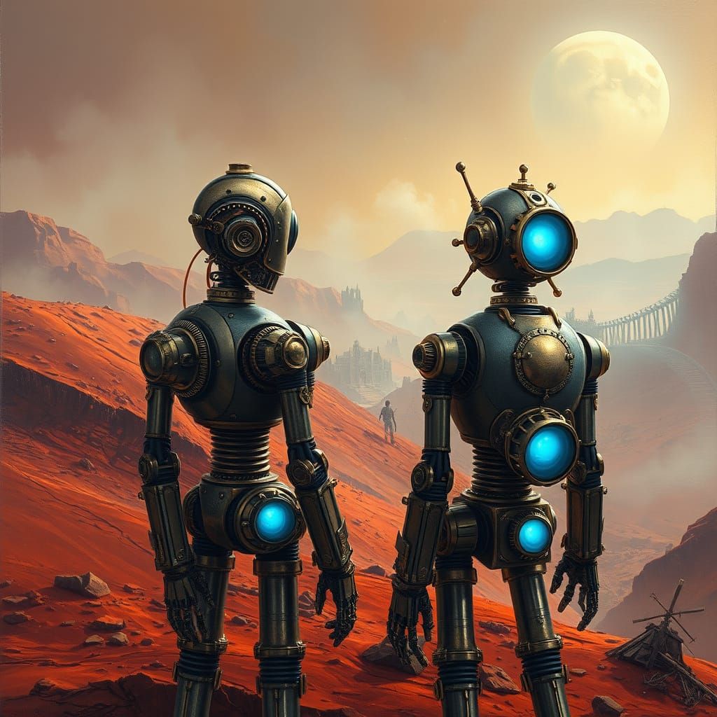 Glowing Robots on a Barren Martian Hill