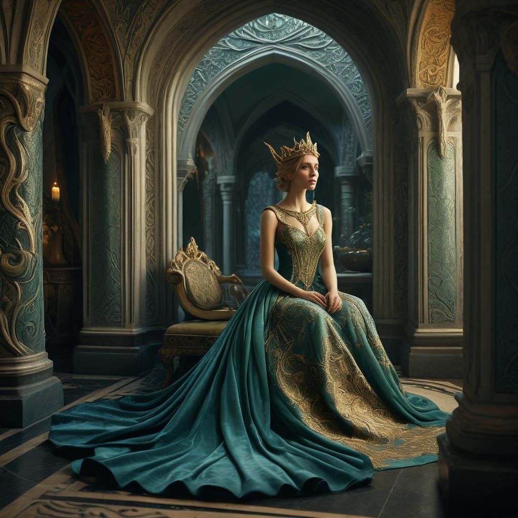 Elegant Elf Queen in Whimsical Fantasy Palace