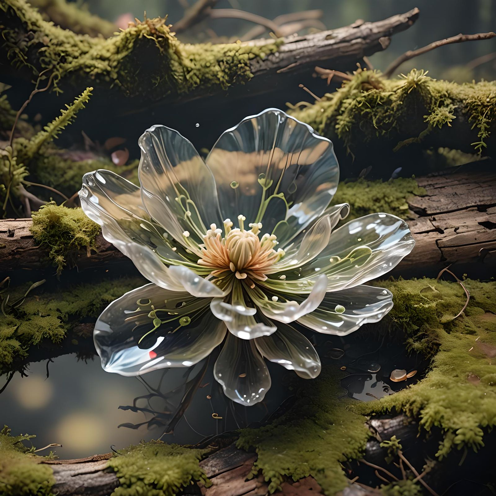 Bioluminescent Liquid Flower on Forest Log
