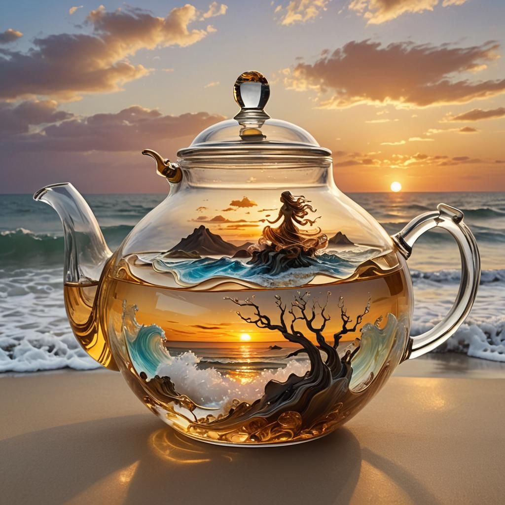 Miniature Sunset Scene Inside a Glass Teapot