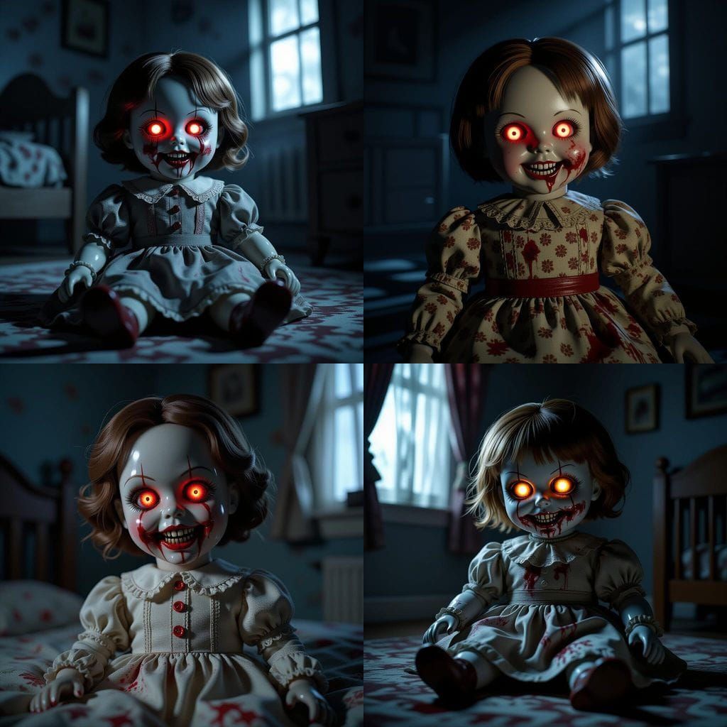 Creepy Porcelain Doll with Bloodied Mouth in Dark Room