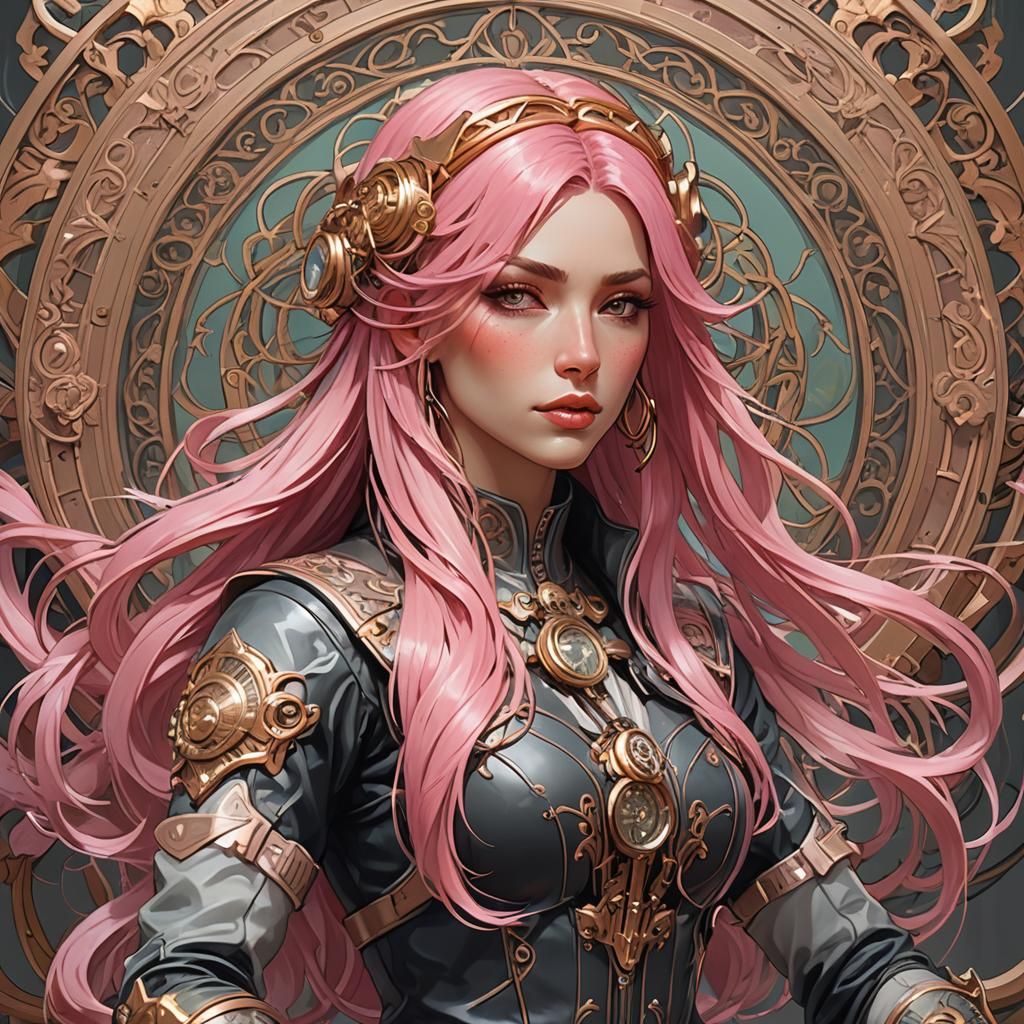 Biker Girl with Pink Hair in Art Nouveau Style