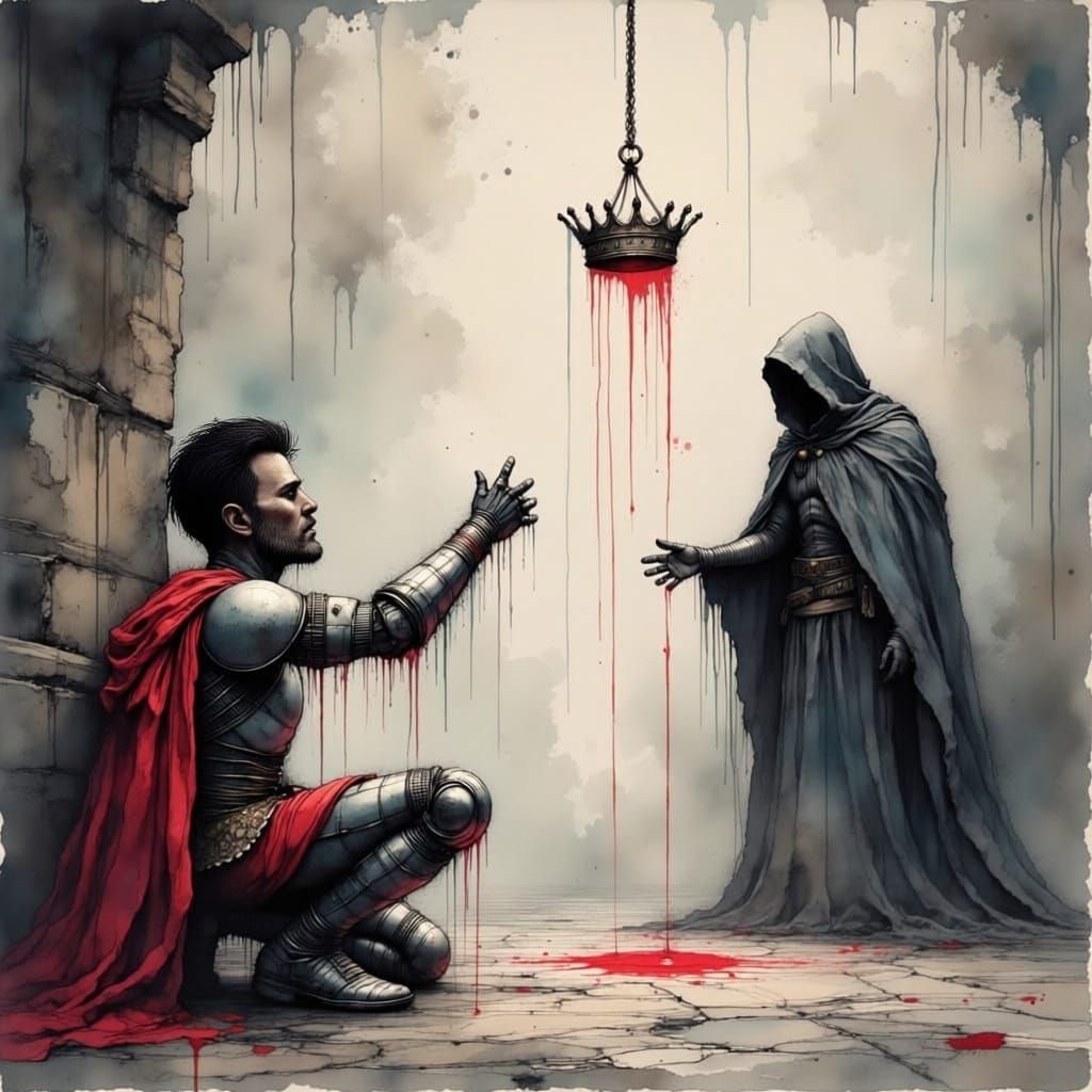 Hero Reaches for Crown in Dramatic Ink Sketch