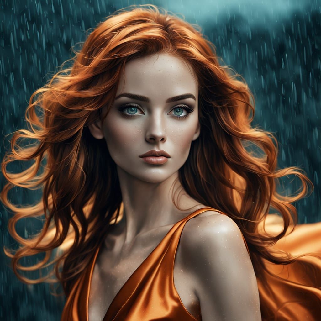 Auburn-Haired Woman in Orange Gown, Photorealistic Fantasy