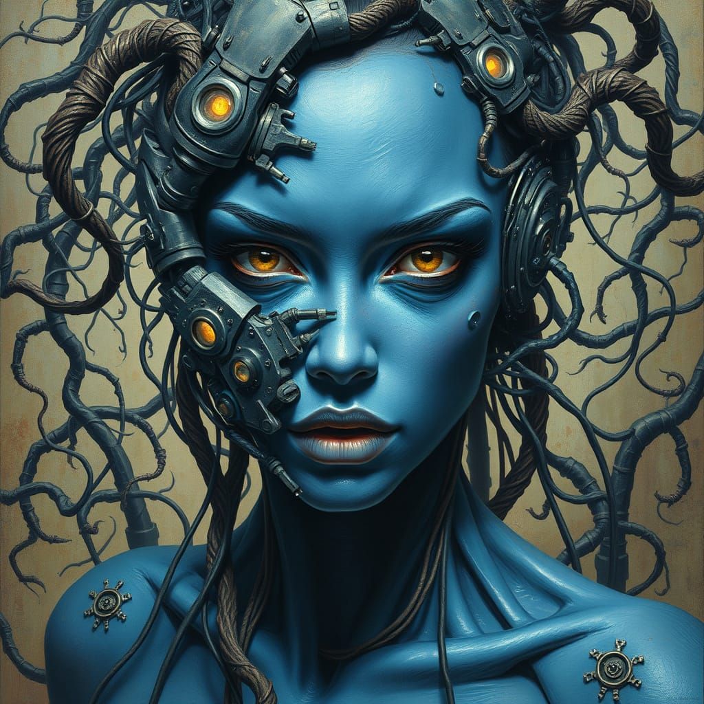Surreal Cyborg Woman Portrait in Biomechanical Style