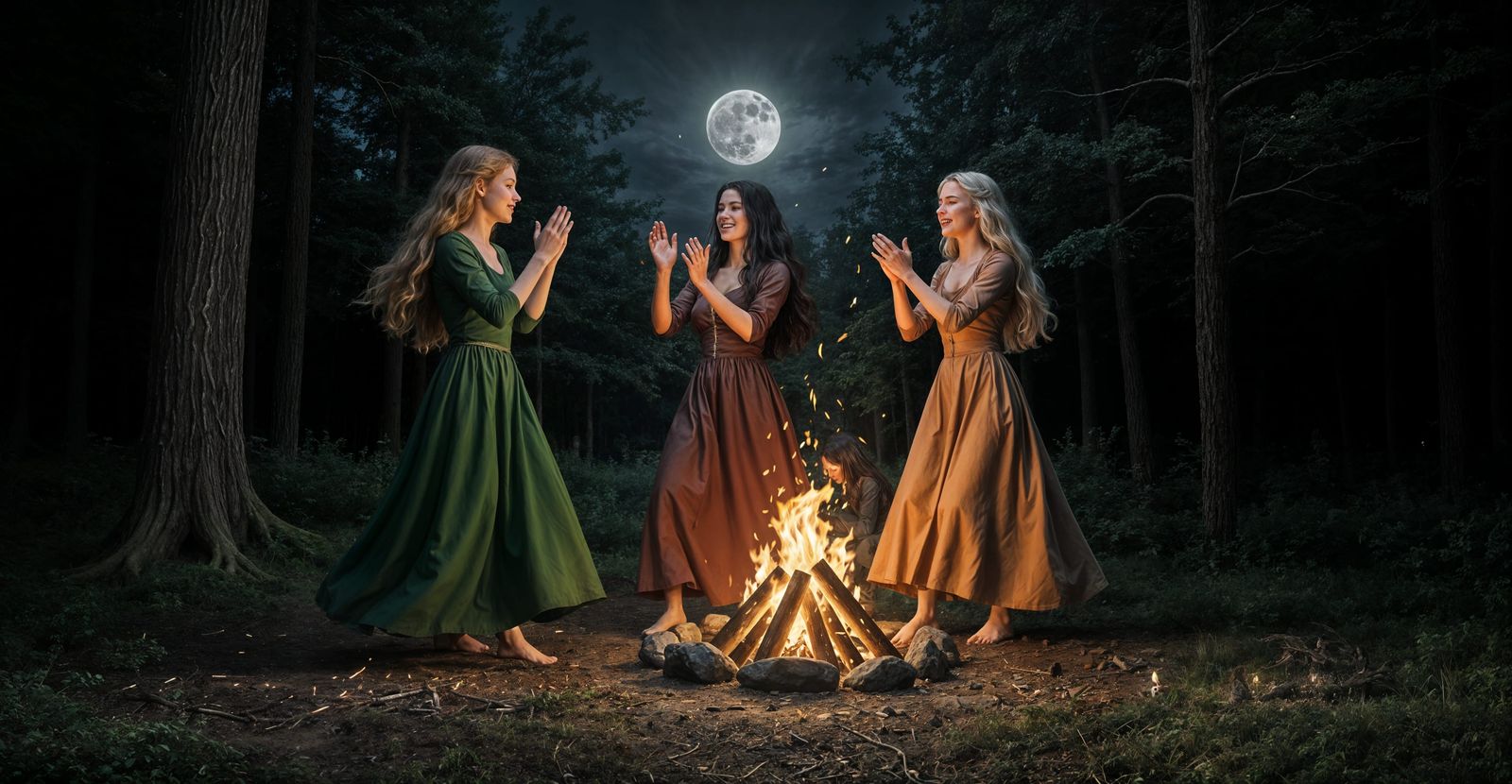 Women Dancing Around Bonfire in Moonlit Forest