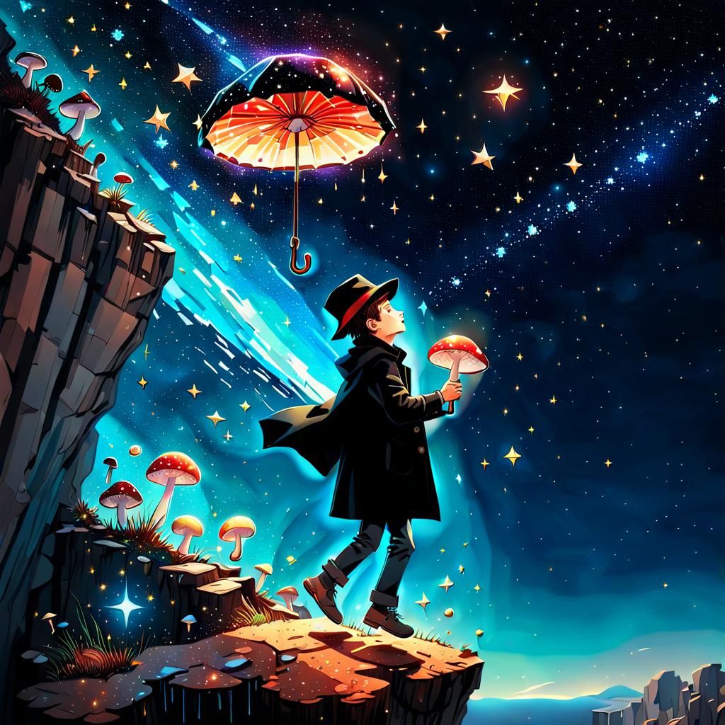 Surreal Pixel Art: Boy and Mushroom Umbrella