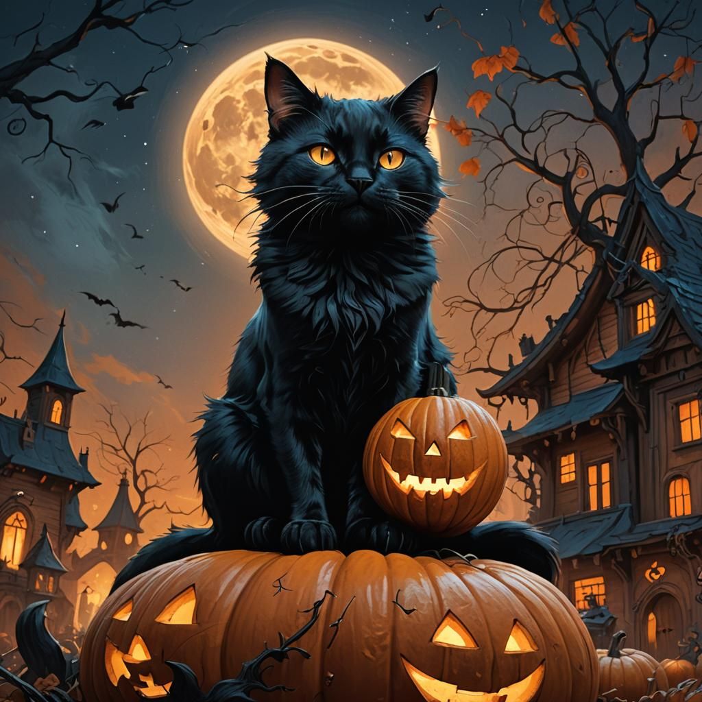 Black Cat Gazing at Moon, Dark Fantasy Art