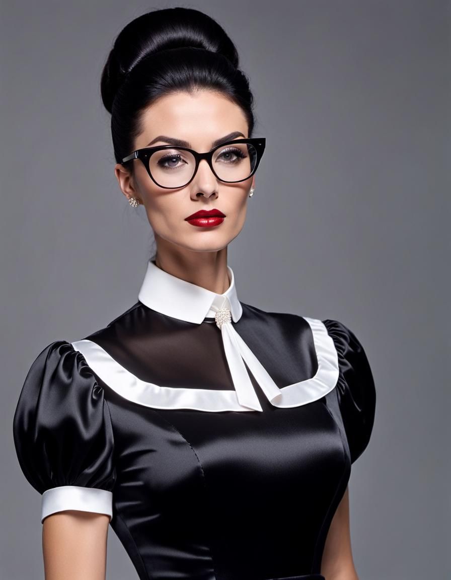 Serious 90s Schoolteacher in Black Satin Dress