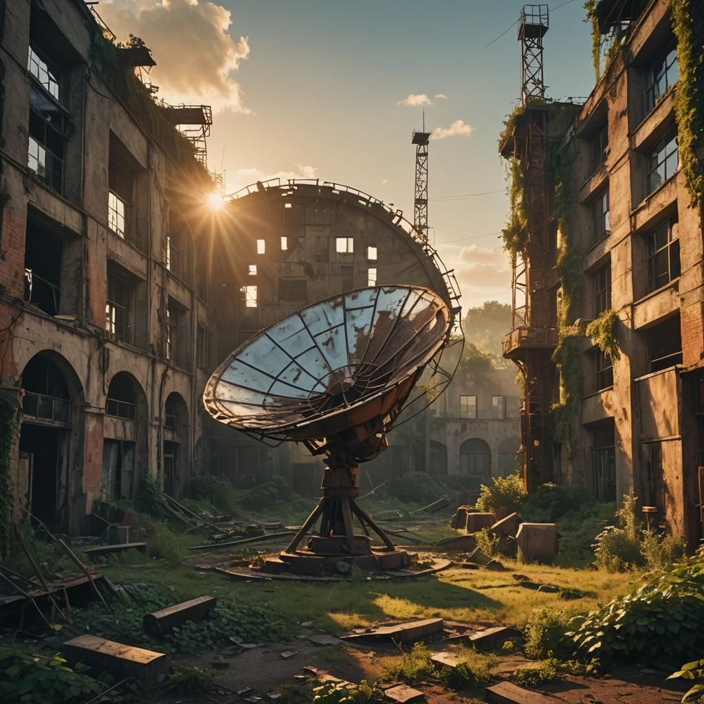 Satellite Dish Amidst Factory Ruins in Digital Painting