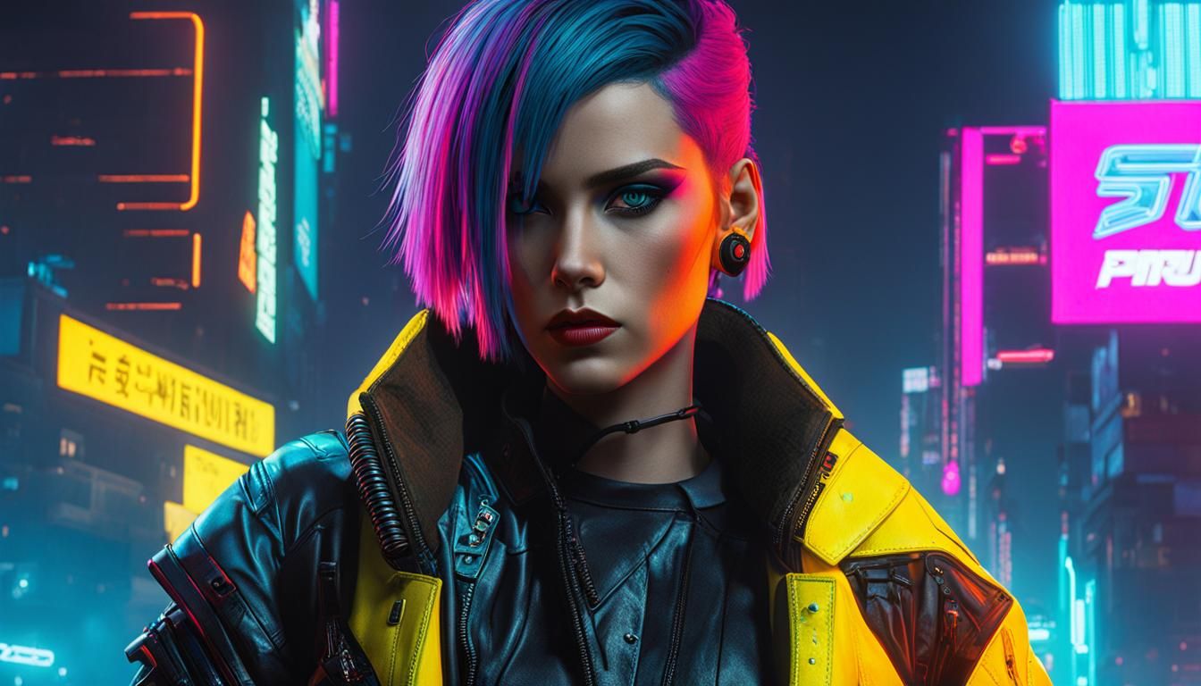Cyberpunk Woman in Neon Cityscape
