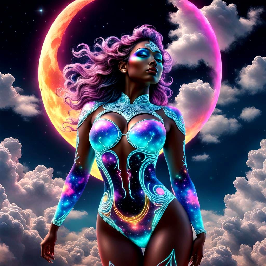 Glowing Moon Goddess Body Art in 3D