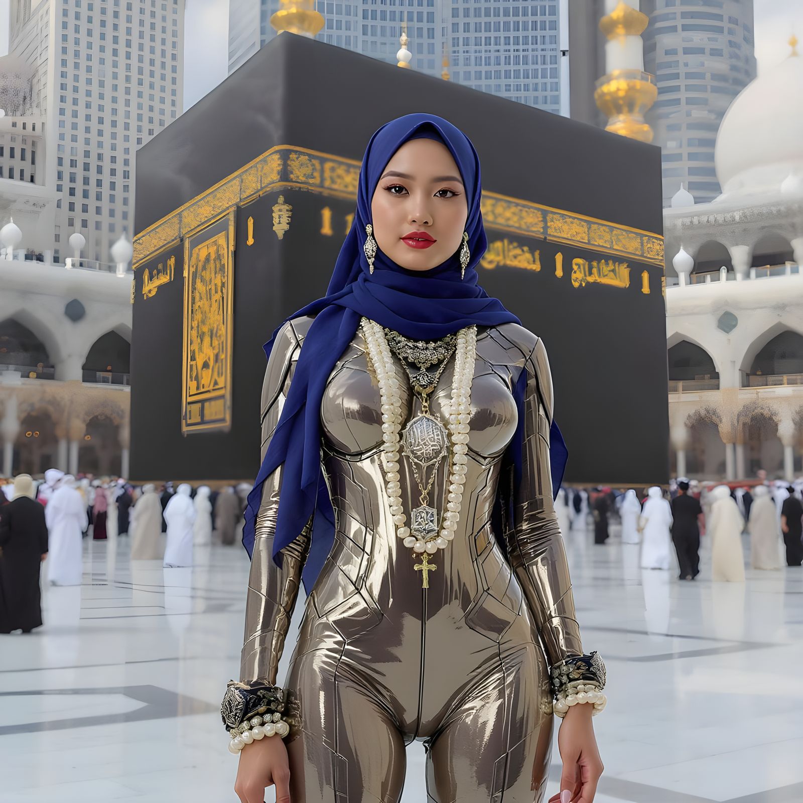 Futuristic Woman at Ka'bah with Pearl Body Chain