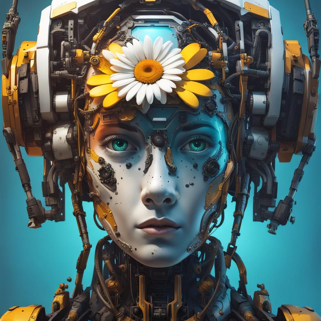 Hyperrealistic Robotic Daisy in Splash Art Style