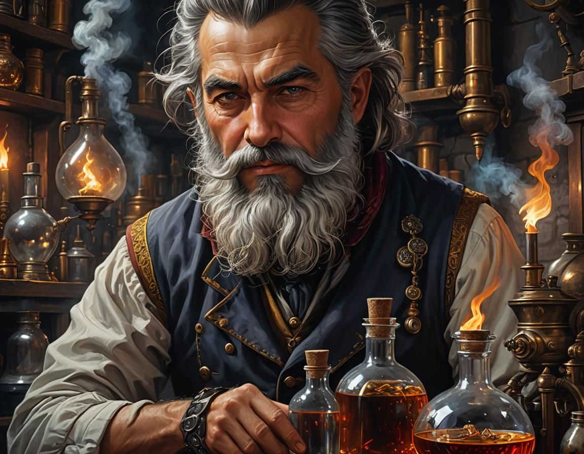 Alchemist Mixing Potions in Moody Dark Fantasy Style